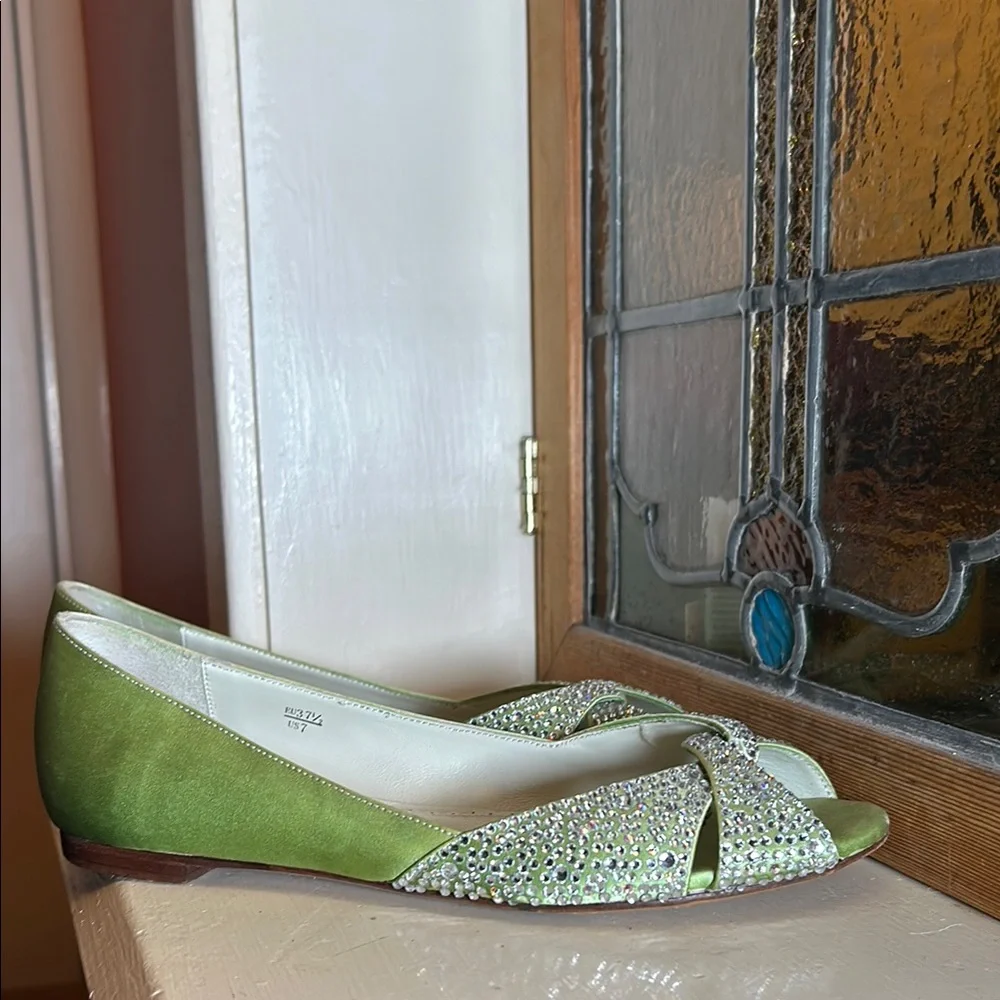 Green and Silver Peep-Toe Flats with Metallic Finish
